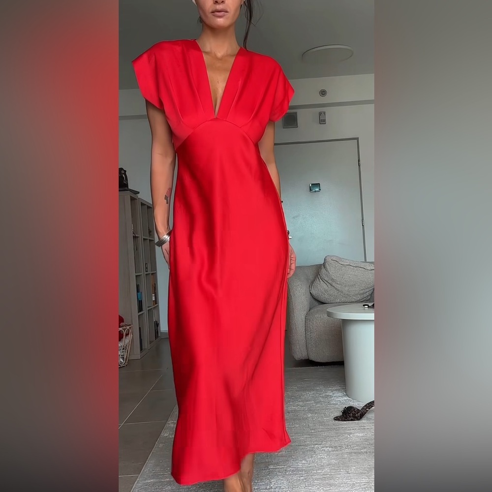 NWT ZARA Satin Effect Midi Dress Summer 2025 Elegant Red Women's Dress in L